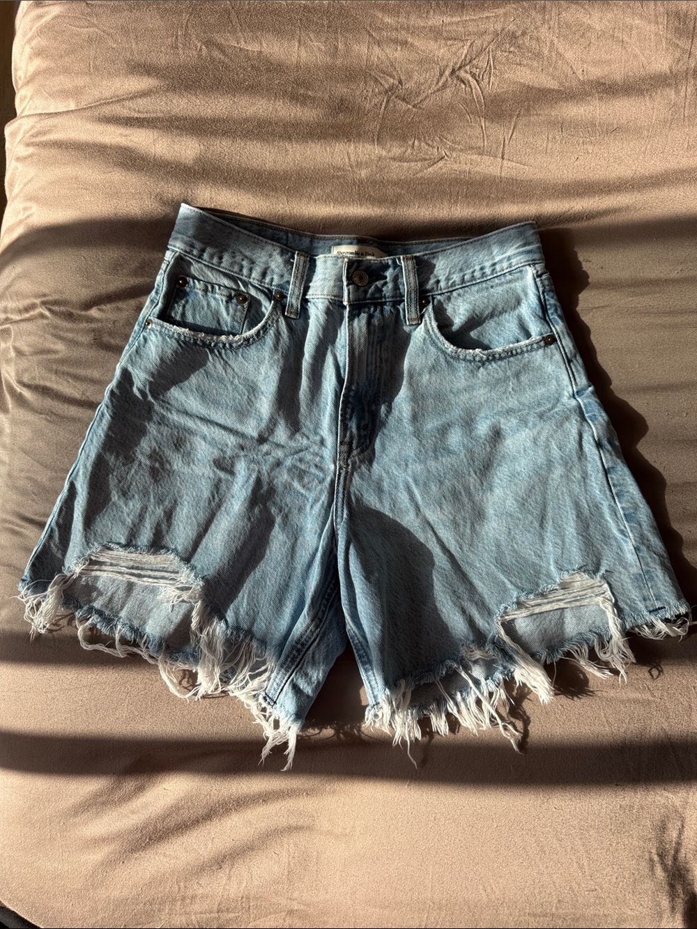 Abercrombie & Fitch Light Blue Distressed High-Rise Loose Denim Shorts
